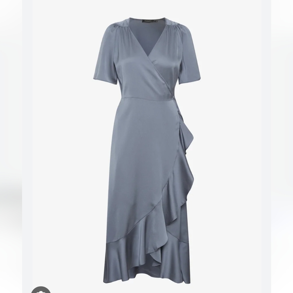 Satin Slate Wrap Midi Dress with Ruffle Hem